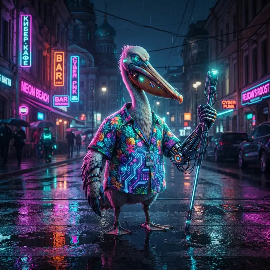 The BSides St. Pete cyberpunk pelican mascot wearing a neon tropical shirt on a St. Petersburg street at night